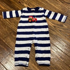 12m Navy blue striped long sleeve baby boy romper - train appliqué